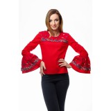 Bluza dama rosie cu maneci clopot si broderie cu model floral