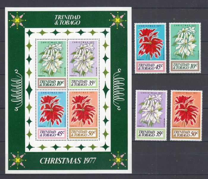 Trinidad &amp; Tobago - FLORI - CRACIUN 1977 - BL + Serie - MNH