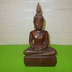 Arta orientala BUDDHA Gautama Siddharta - veche SCULPTURA in LEMN 28 cm