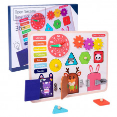 Jucarie interactiva si educativa Montessori 5in1cu incuietori, ceas, calendar