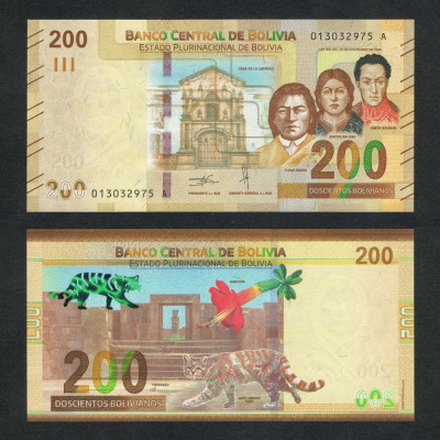 BOLIVIA █ bancnota █ 200 Bolivianos █ 1986 (2018) █ P-252 █ UNC █ necirculata foto
