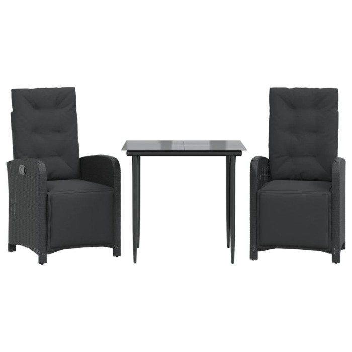 Set bistro cu perne, 3 piese, negru, poliratan