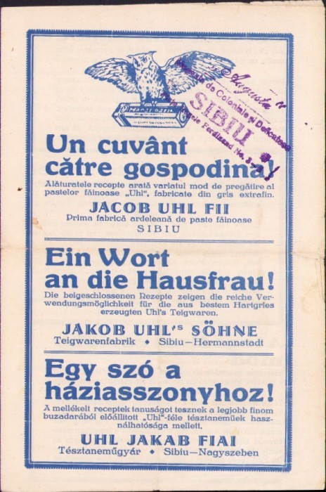 A2478N Pliant reclamă Jacob Uhl Fii Prima fabrică ardeleană de paste făinoase, Sibiu, cu ștampilă Augusta, Magasin de Coloniale și Delicatese