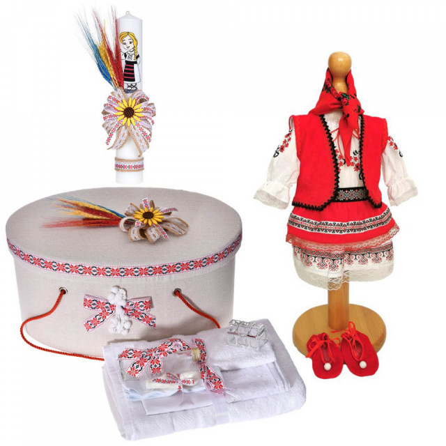 Set costum rochita nationala, trusou botez, cutie trusou si lumanare, decor