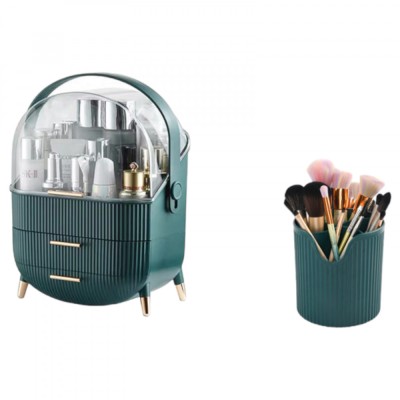 Organizator verde portabil pentru produse de machiaj cosmetice produse de ingrijire a parului, cu suport pentru pensule perii par inclus foto