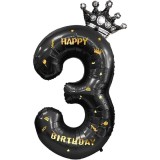 Cumpara ieftin Balon folie cifra 3 cu coroana Happy Birthday 100 cm, negru, umflare aer sau heliu, aniversare decor petrecere