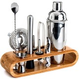 Set de Barman pentru bauturi Edman, suport din bambus, Shaker Cobbler 550 ml, 10 Piese, Otel Inoxidabil, Argintiu