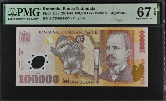 100.000 lei 2001 PMG67 Unc bancnota gradata