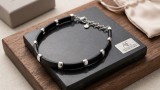 Cumpara ieftin Bratara din Piele Plat Neagra si Argint 925 cu Elemente Cilindrice Segmentate