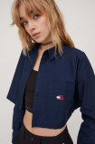 Tommy Jeans cămașă din bumbac femei, culoarea bleumarin, cu guler clasic, relaxed DW0DW17345