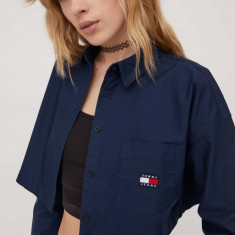 Tommy Jeans cămașă din bumbac femei, culoarea bleumarin, cu guler clasic, relaxed DW0DW17345