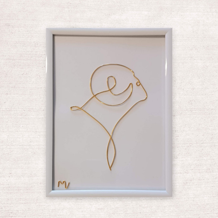 Tablou zodia Berbec, sculptura din fir continuu de sarma placata cu aur, 14&times;19 cm