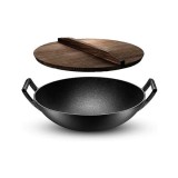 Cumpara ieftin Vas de fonta tip Wok cu capac de lemn, 36.5x10 cm, Perfect Home
