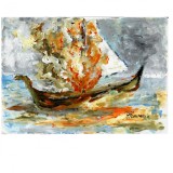 Tablou, Corabia in Flacari, acuarela pe hartie, neinramat, 15x21 cm, Marine, Impresionism, RavariuArt