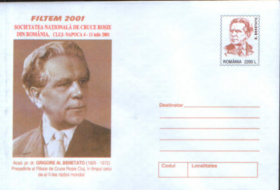 Intreg postal plic nec 2001- Acad.G.Al.Benetato presedinte al Fil.de Cruce Rosie foto