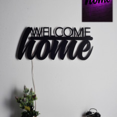 Decoratiune luminoasa LED, Welcome Home, MDF, 60 LED-uri, Roz