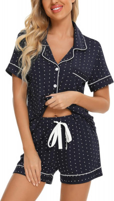 ng Femei Buton &amp;icirc;n jos pijama set V-Neck m&amp;acirc;necă scurtă Sleepwear Soft Pj Seturi S foto