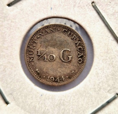 Curacao 1/10 Gulden 1944 moneda argint km # 44 AG. 640 Wilhelmina tiraj mic rara foto