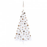 Brad de Crăciun artificial jumătate cu LED&amp;globuri alb 210 cm
