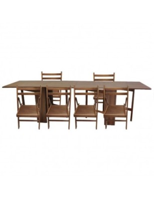 Set masa plianta 12 persoane, Pal Melaminat, insertii lemn masiv, 274x75x78 cm si 6 scaune pliante, tapiterie piele ecologica, nuc foto