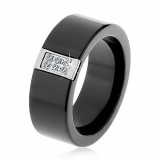Inel negru din ceramică cu suprafaţă netedă, bandă dreptunghiulară din oţel cu zirconii - Marime inel: 60