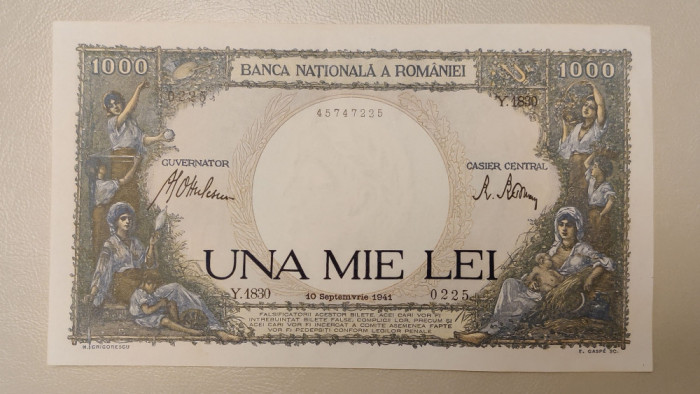 Rom&acirc;nia - 1000 Lei (10 septembrie 1941) filigram &icirc;mpăratul Traian sY.1830