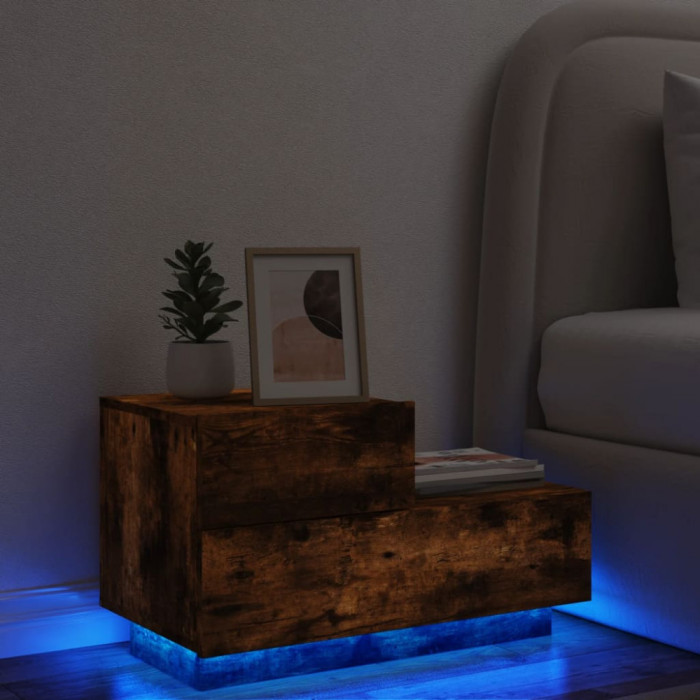 vidaXL Noptieră cu lumini LED, stejar fumuriu, 70x36x40,5 cm