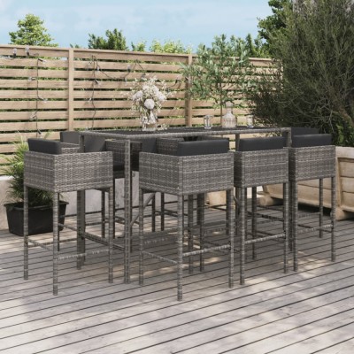 vidaXL Set mobilier bar de grădină, cu perne, 9 piese, gri, poliratan 3200654 foto