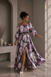 Rochie din satin neagra cu imprimeu floral roz si maneci bufante