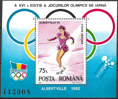 ROM&amp;Acirc;NIA 1992 - LP 1275 - JOCURILE OLIMPICE DE IARNĂ DIN ALBERTVILLE - COLIȚĂ MNH foto