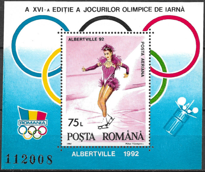 ROM&Acirc;NIA 1992 - LP 1275 - JOCURILE OLIMPICE DE IARNĂ DIN ALBERTVILLE - COLIȚĂ MNH