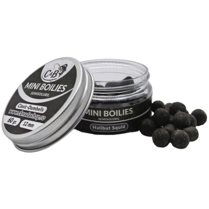Mini Boilies C&amp;B Semisolubil, Halibut Squid, Negru, 12mm, 60g
