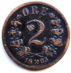 Norvegia 2 ORE 1893 moneda din bronz km # 353 tiraj mic regele OSCAR II