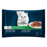 Hrana umeda pentru pisici, Gourmet Perle, adult, carne de vitel, iepure si miel in sos, 4 x 85g
