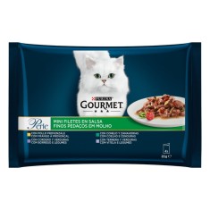 Hrana umeda pentru pisici, Gourmet Perle, adult, carne de vitel, iepure si miel in sos, 4 x 85g