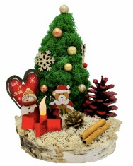 Aranjament de Craciun cu Bradut din licheni si lumanare led (Verde Rosu)