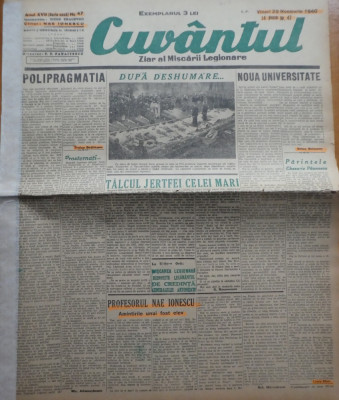 Cuvantul, ziar al miscarii legionare, 29 Noiembrie 1940, Nae Ionescu foto