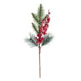 Ramură Decorativă Crăciun, Brad și Pin, Tulpină Scurtă, &Icirc;nzăpezită cu Pomușoare Roșii, 45cm, Oem