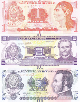 Bancnota Honduras 1, 2 si 5 Lempiras 2014 - P96-98 UNC ( set x3 ) foto