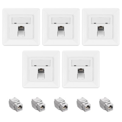 Set 5 Prize ecranate de retea RJ45 cu 5 mufe CAT 6A, Kwmobile, Alb, Metal, 54571.01.05 foto