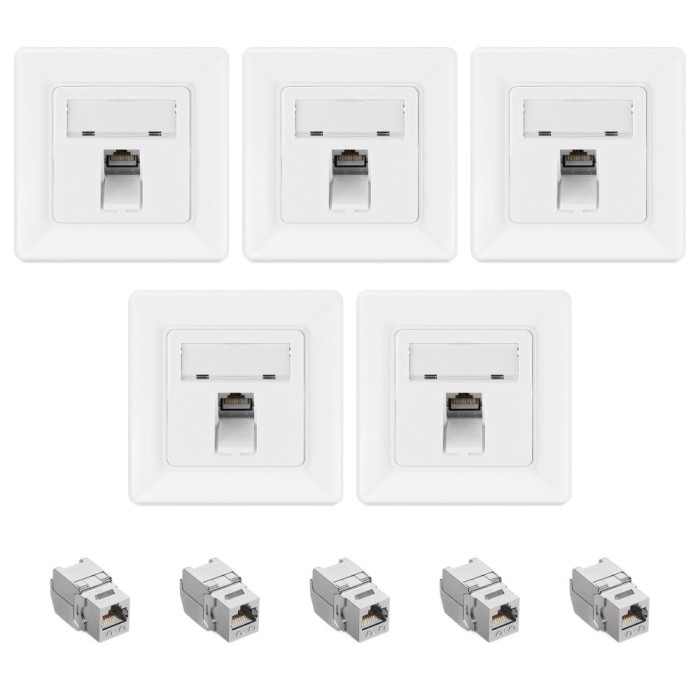 Set 5 Prize ecranate de retea RJ45 cu 5 mufe CAT 6A, Kwmobile, Alb, Metal, 54571.01.05