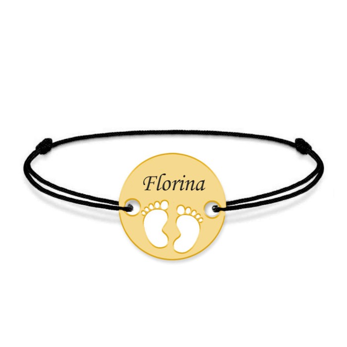 My Kid - Bratara personalizata snur cu talisman din argint 925 placat cu aur galben 24K cu nume si talpite