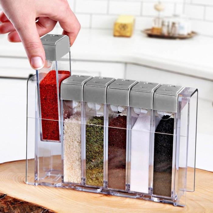 Set Recipiente Condimente, Kitchen Master, Transparent, Capac Gri, 6 Bucăți