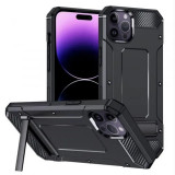 Cumpara ieftin Husa iPhone 14 Pro Antisoc Negru Hybrid Armor Kickstand