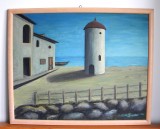 Insula - tablou pictura originala acril pe carton panzat, rama 53x43cm