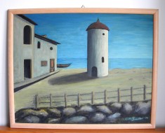 Insula - tablou pictura originala acril pe carton panzat, rama 53x43cm