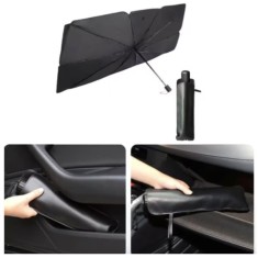 Parasolar Auto Pliabil, pentru Masina, in Forma de Umbrela, 125 cm x 65 cm, Rezistent UV, Negru-Argintiu