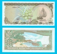 Maldive (p#9) 2 Rufiyaa 1983 UNC &#039;Plajă&#039; serie: A887120
