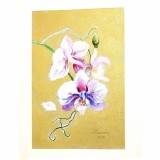 E89. Tablou original, Orhidee pe auriu, acuarela, cadru de Passpartout, 30x40 cm, Flori, Art Deco, RavariuArt