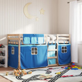 Cumpara ieftin Pat supraetajat cu perdele, albastru, 90x200 cm, lemn masiv pin